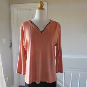 Exclusively Misook Peach w/Black Pullover 3/4 Sleeve Top Slits Sz Petite Large
